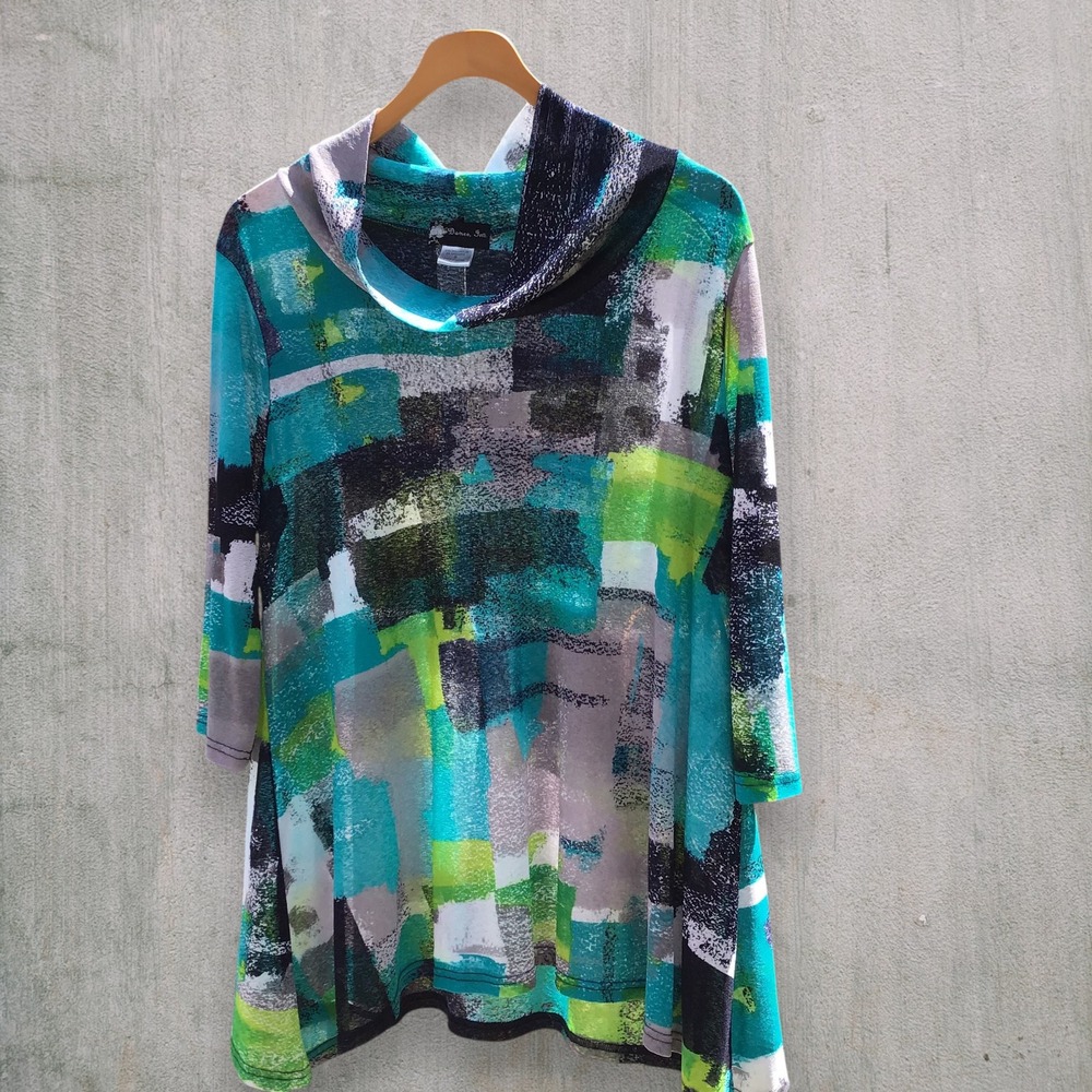 Damee Inc Womens Abstract Geometric Cowl Neck Tunic Top Teal Green Size S